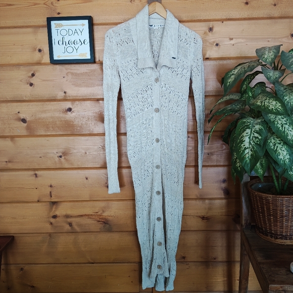 ROXY Knit Duster Cardigan Crochet Stretch Beige Boho Hippie Beach Sweater Sz XS - Picture 1 of 11